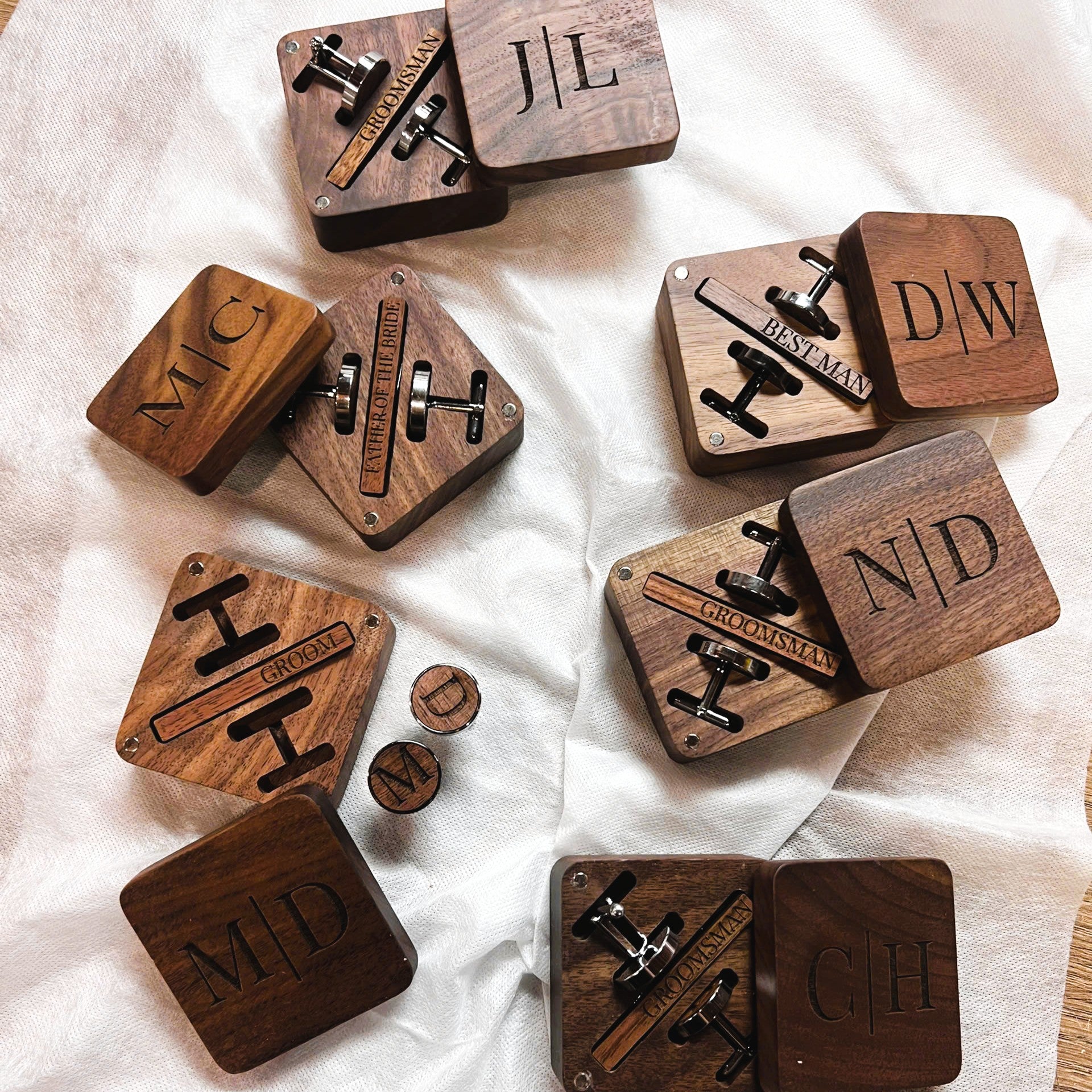 Personalised Walnut Cufflinks &amp; Tie Clip Box, Custom Engraved Man's Wooden Accessories/ Jewellery Storage, Groomsmen, Dad, Wedding Gift Set