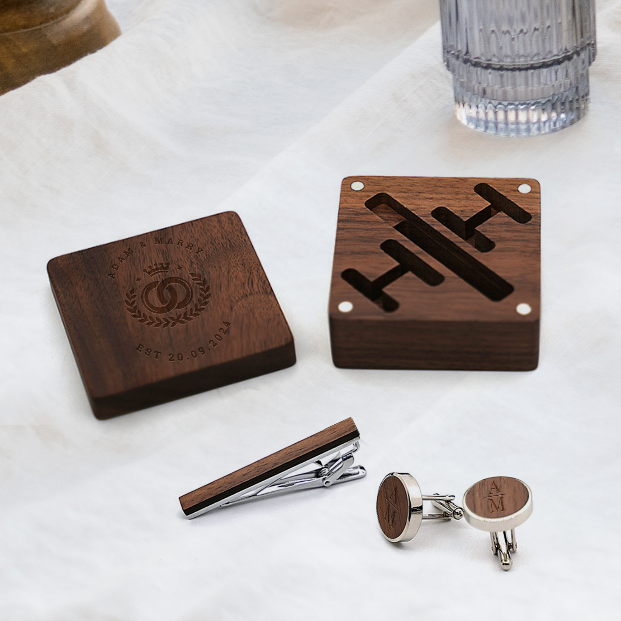 Personalised Walnut Cufflinks &amp; Tie Clip Box, Custom Engraved Man's Wooden Accessories/ Jewellery Storage, Groomsmen, Dad, Wedding Gift Set