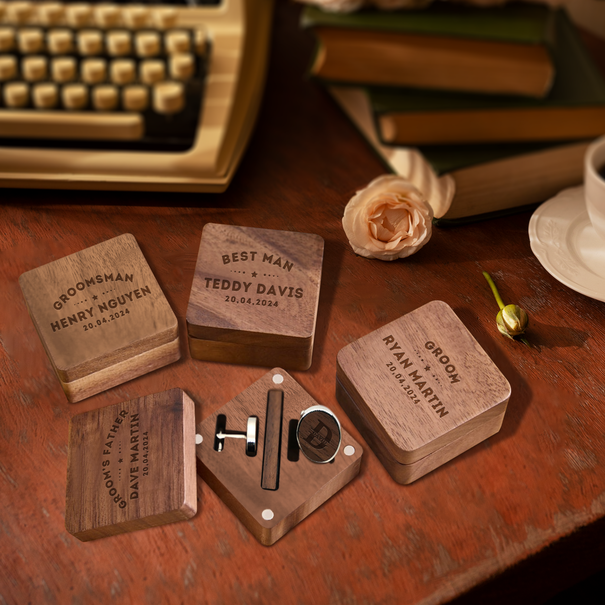 Personalised Walnut Cufflinks &amp; Tie Clip Box, Custom Engraved Man's Wooden Accessories/ Jewellery Storage, Groomsmen, Dad, Wedding Gift Set