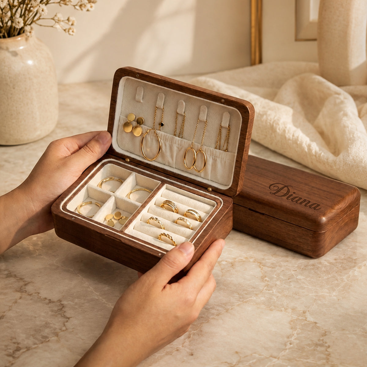 Personalised Walnut Double-Row Jewellery Box with Magnetic Lid, Custom Engraved Wooden Ring, Earring, Necklace Organiser &amp; Tray, Travel Gift