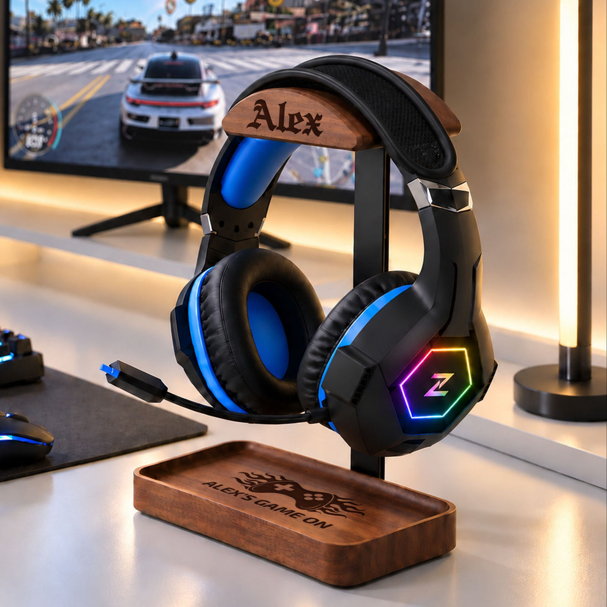 Personalised Walnut Headphone Stand &amp; Storage Tray, Custom Engraved Wood Metal Desk Holder, Office Home Decor, Gamer Birthday Corporate Gift