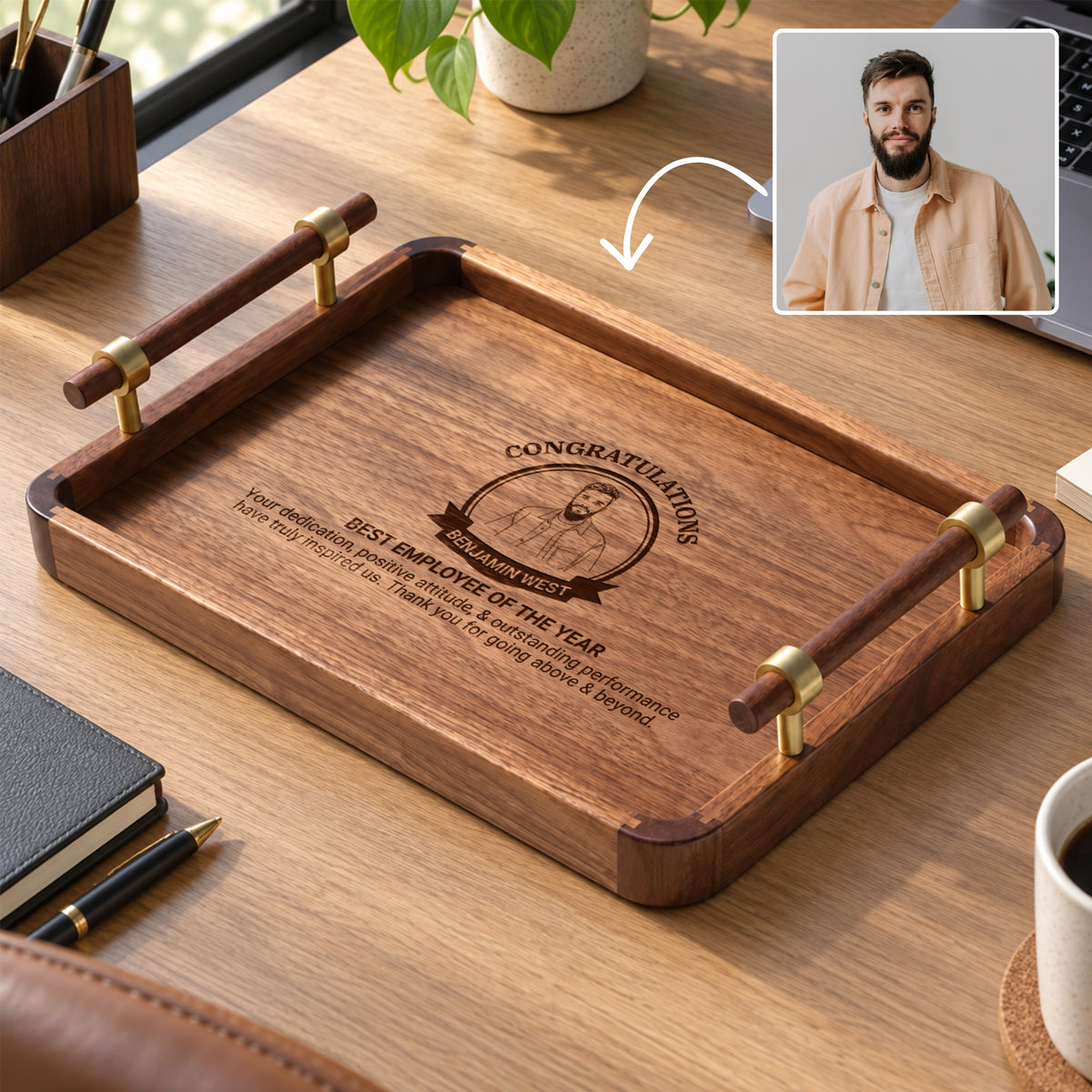 Personalised Walnut Serving Tray &amp; Brass/ Wood Handles, Engraved Coffee Table, Vanity, Cheese Charcuterie Board, Office Desk Catch-all Gift