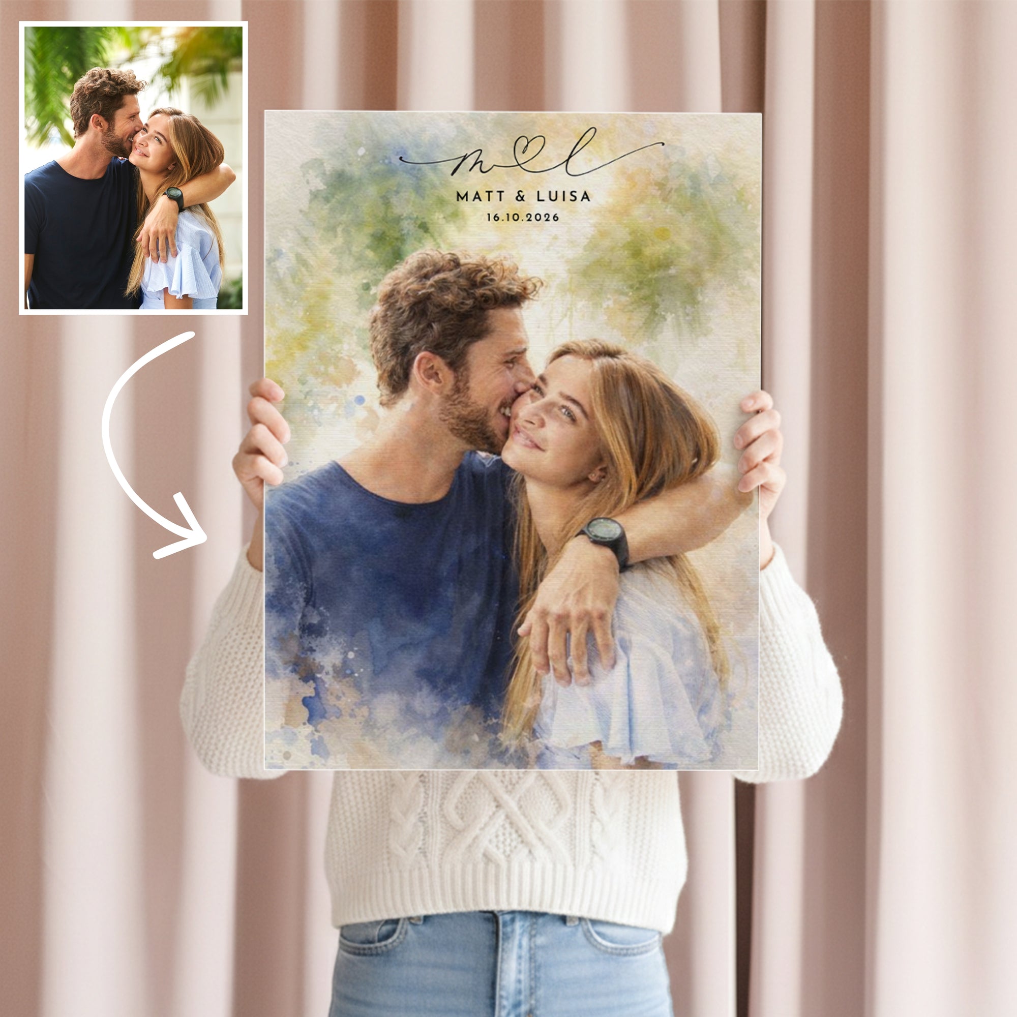 Personalised Watercolour Portrait on Stretched Canvas, Custom Digital from Your Photo, Couple, Wedding, Family Memory Image, Home Decor Gift