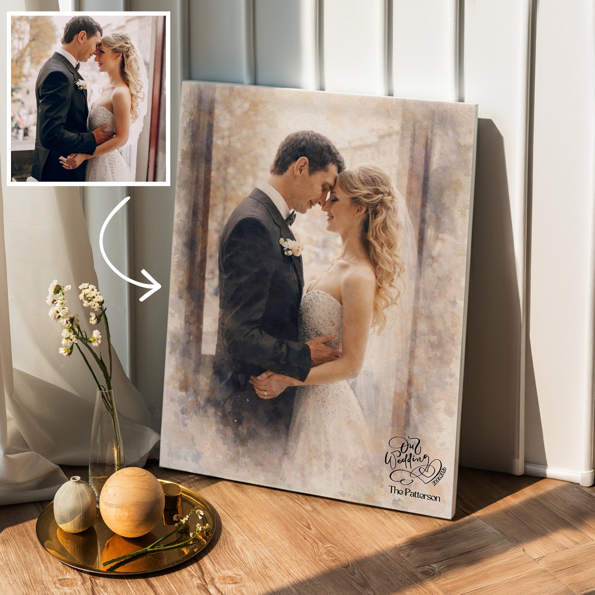 Personalised Watercolour Portrait on Stretched Canvas, Custom Digital from Your Photo, Couple, Wedding, Family Memory Image, Home Decor Gift