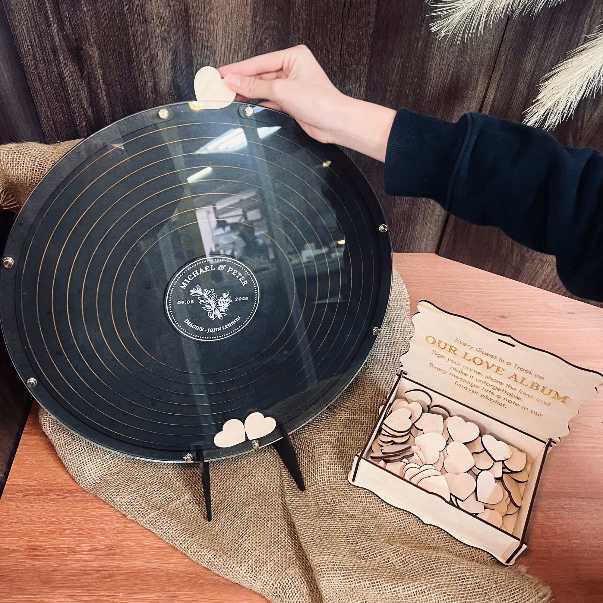 Personalised Wedding Guest Book Alternative, Retro Vinyl Record Drop Box with Custom Printed Photo, Music Themed Keepsake, Stationery Decor