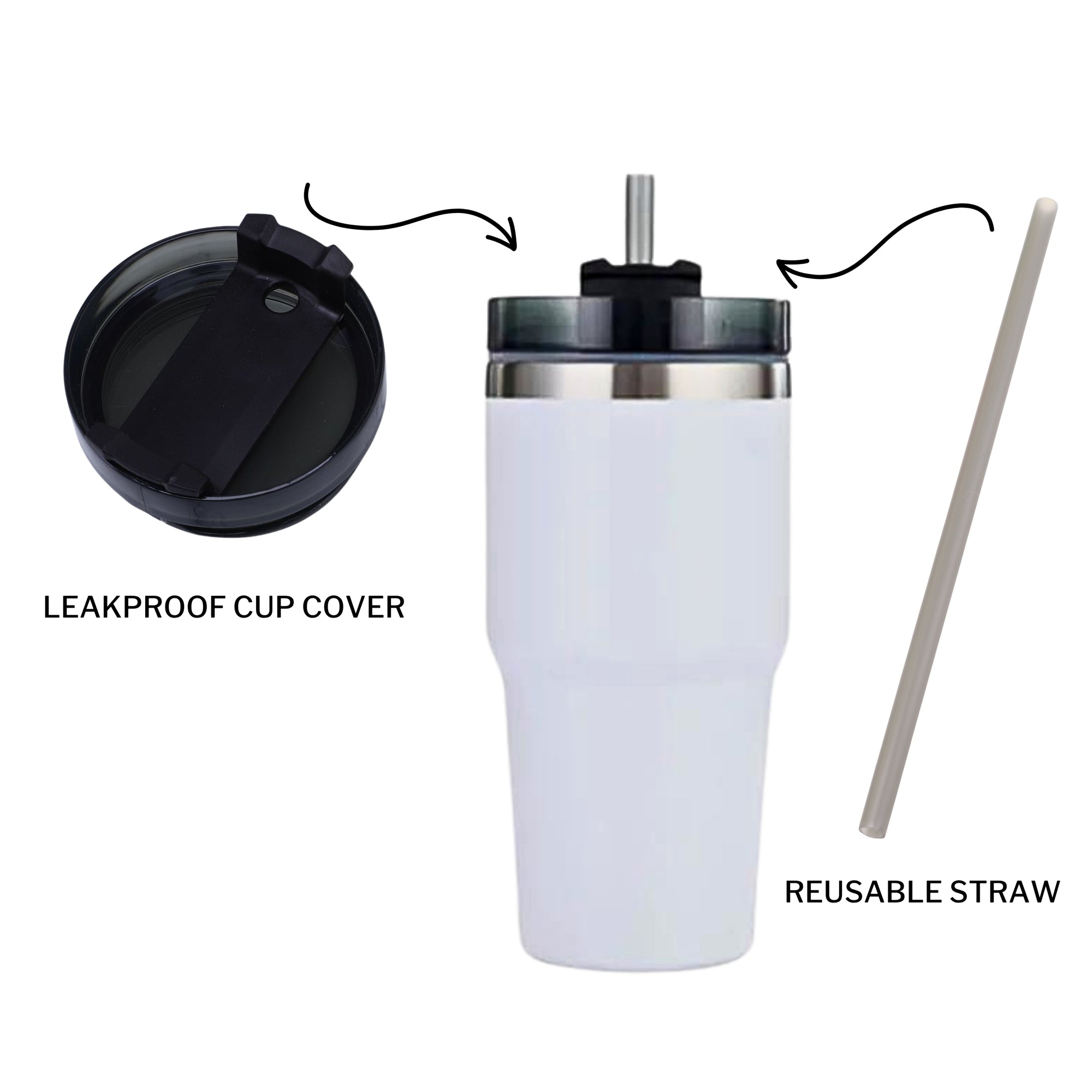 Personalised White Insulated Tumbler &amp; Straw Set, Custom Engraved Logo Travel Thermal Drink Bottle, Coffee Car Cup, Corporate/ Birthday Gift