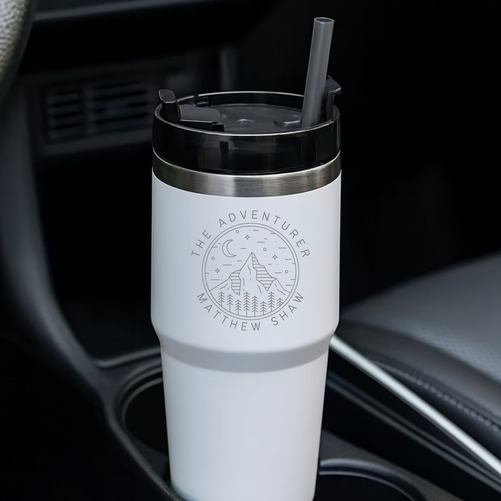 Personalised White Insulated Tumbler & Straw Set, Custom Engraved Logo Travel Thermal Drink Bottle, Coffee Car Cup, Corporate/ Birthday Gift