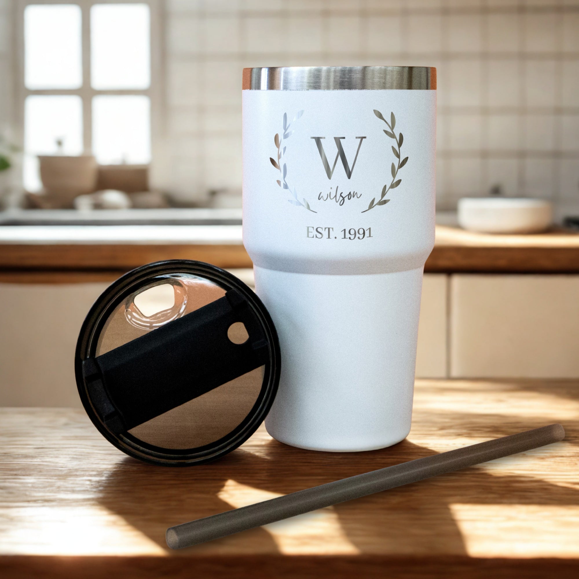 Personalised White Insulated Tumbler &amp; Straw Set, Custom Engraved Logo Travel Thermal Drink Bottle, Coffee Car Cup, Corporate/ Birthday Gift