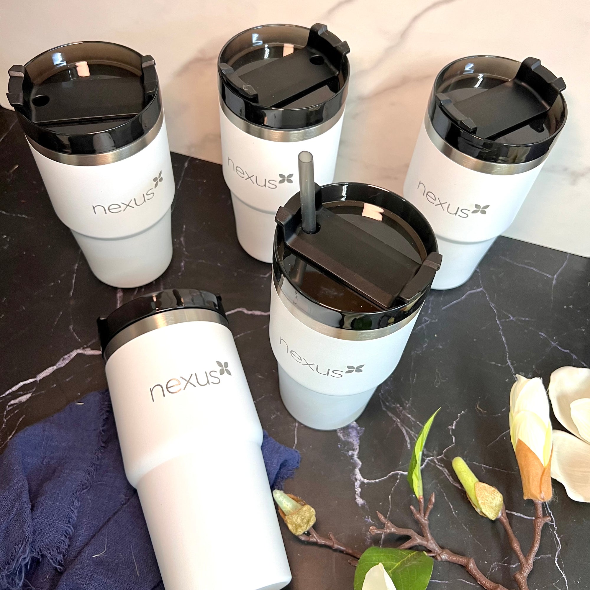 Personalised White Insulated Tumbler &amp; Straw Set, Custom Engraved Logo Travel Thermal Drink Bottle, Coffee Car Cup, Corporate/ Birthday Gift