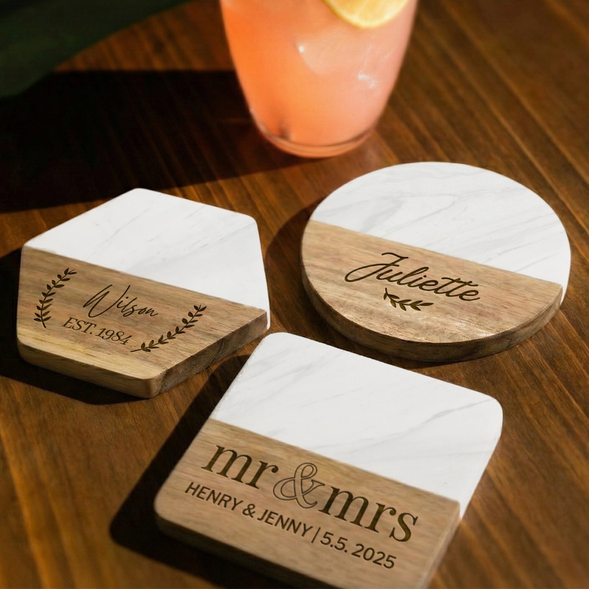 Personalised White Marble Acacia Wooden Coaster, Custom Engraved Logo Family Drink Mat Set, Wedding, Birthday, Housewarming, Corporate Gift