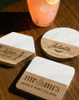 Personalised White Marble Acacia Wooden Coaster, Custom Engraved Logo Family Drink Mat Set, Wedding, Birthday, Housewarming, Corporate Gift