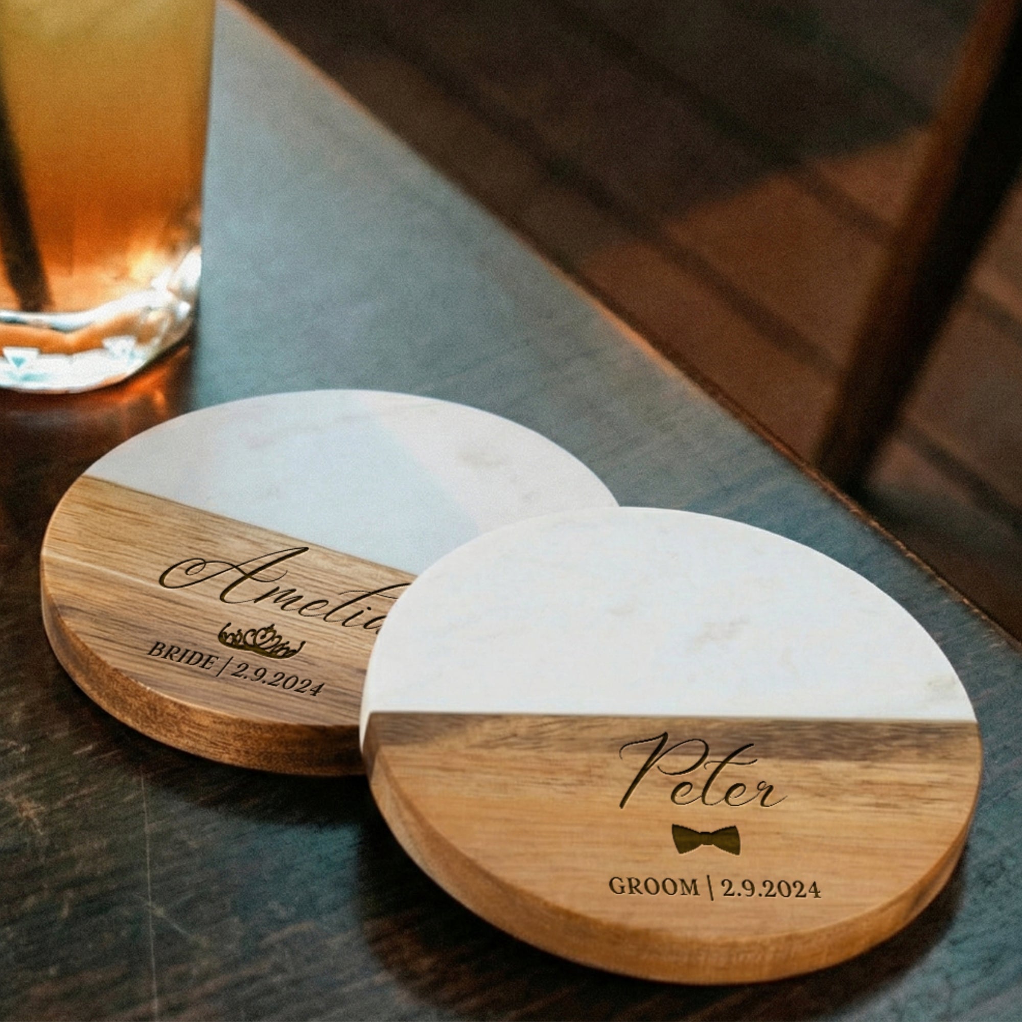 Personalised White Marble Acacia Wooden Coaster, Custom Engraved Logo Family Drink Mat Set, Wedding, Birthday, Housewarming, Corporate Gift
