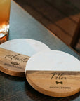 Personalised White Marble Acacia Wooden Coaster, Custom Engraved Logo Family Drink Mat Set, Wedding, Birthday, Housewarming, Corporate Gift