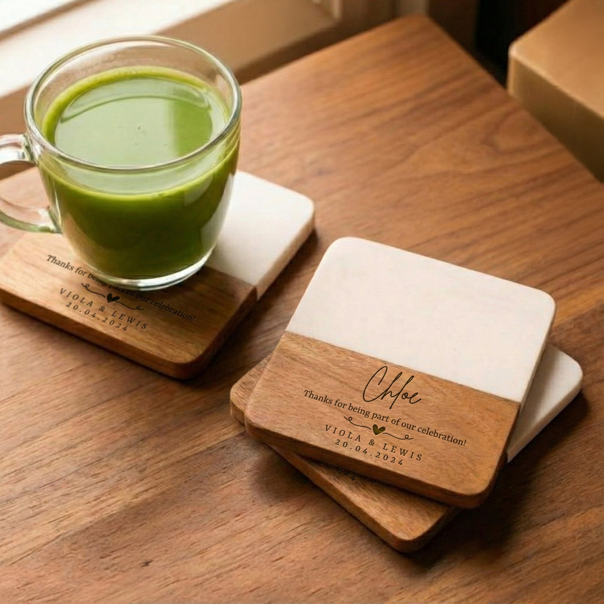 Personalised White Marble Acacia Wooden Coaster, Custom Engraved Logo Family Drink Mat Set, Wedding, Birthday, Housewarming, Corporate Gift