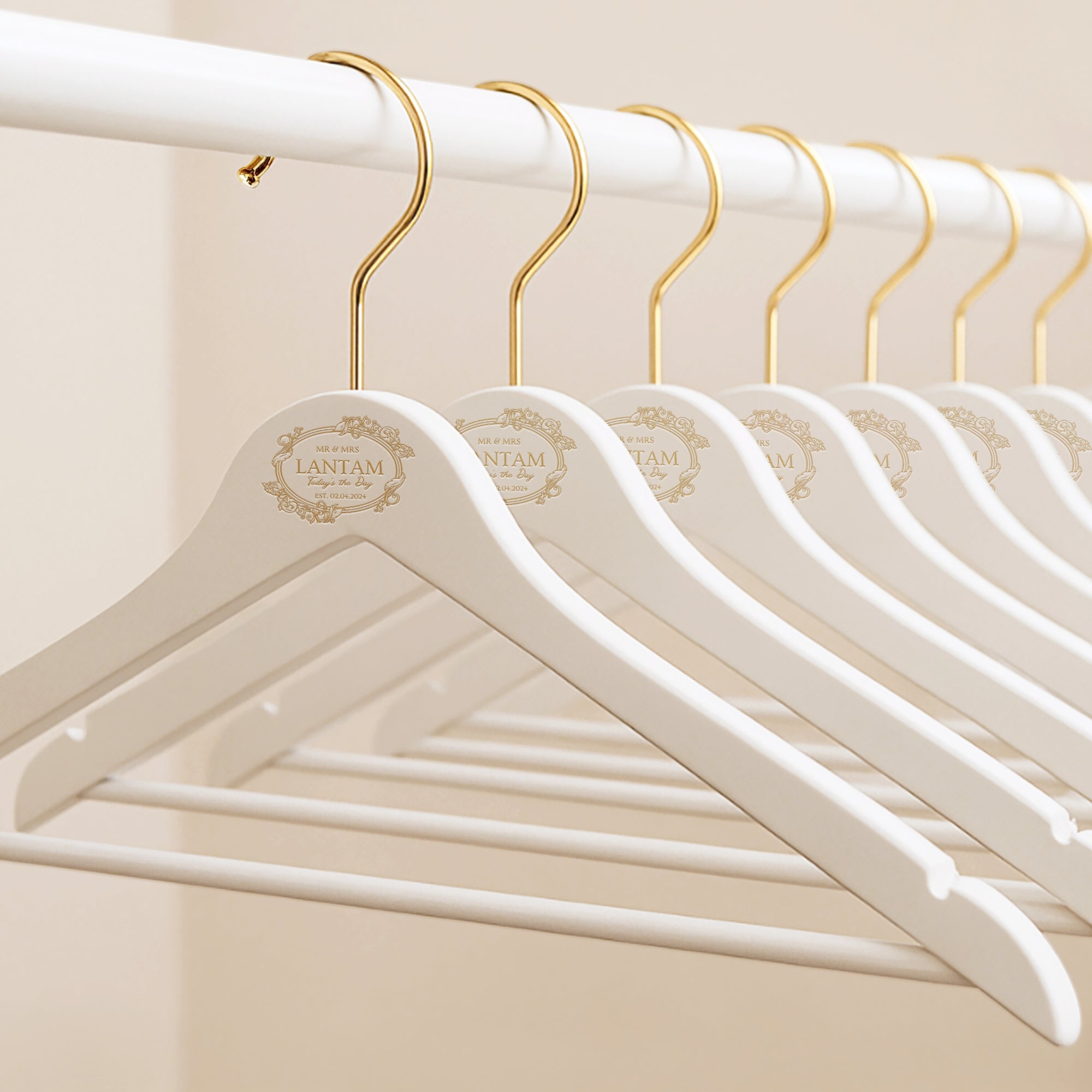 Personalised White Wooden Coat Hanger & Bar Silver Gold Hook, Custom Etch, Print Logo Retail Suit Hangers, Wedding Groomsman Bridesmaid Gift