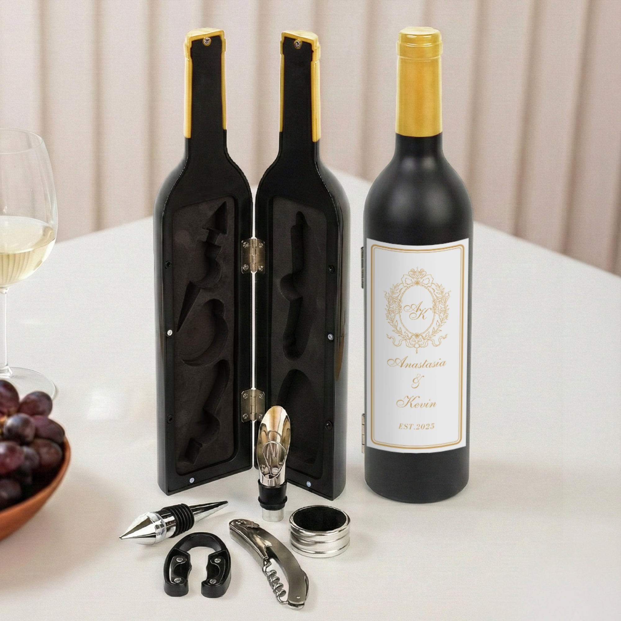 Personalised Wine Bottle Shaped Corkscrew Set, Custom Printed Champagne Accessories Kit, Barware Groomsman Bridesmaid Wedding Corporate Gift