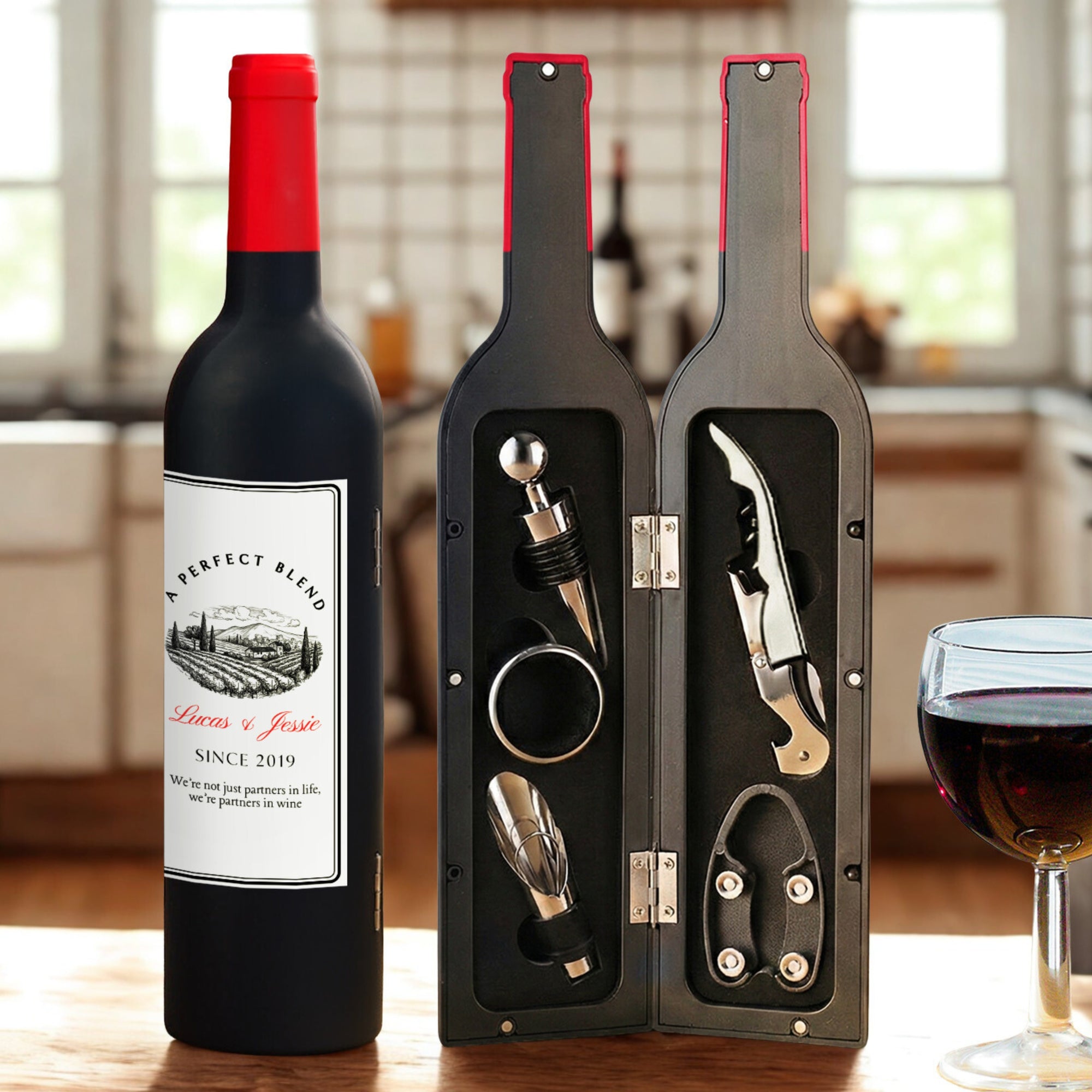 Personalised Wine Bottle Shaped Corkscrew Set, Custom Printed Champagne Accessories Kit, Barware Groomsman Bridesmaid Wedding Corporate Gift