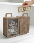 Personalised Wood Travel Luggage Piggy Bank, Custom Engraved Name Money Saving Box Vacation Adventure Fund Storage, Birthday Gift Room Decor