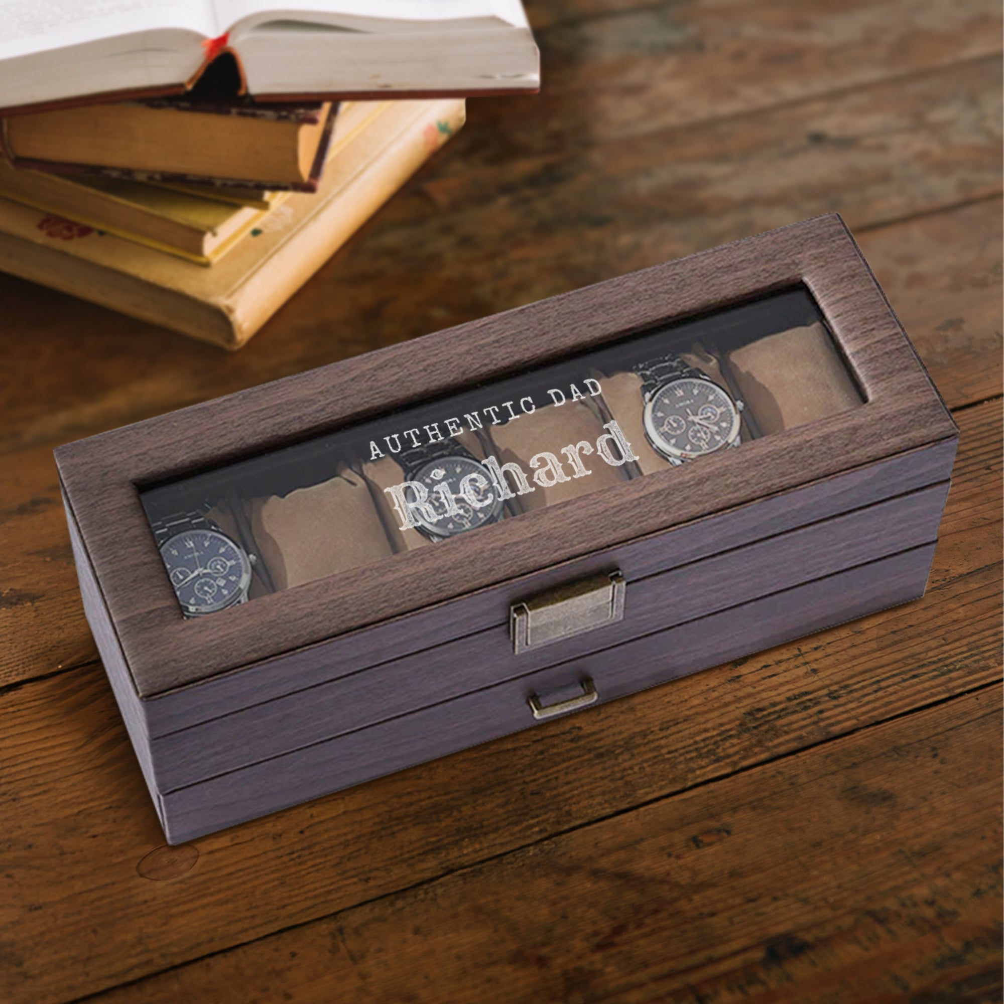 Personalised Two Drawer Wooden 6 Watch Slots &amp; Accessories Display Box Custom Engraved Men Jewelry Storage Organiser Case Christmas Dad Gift