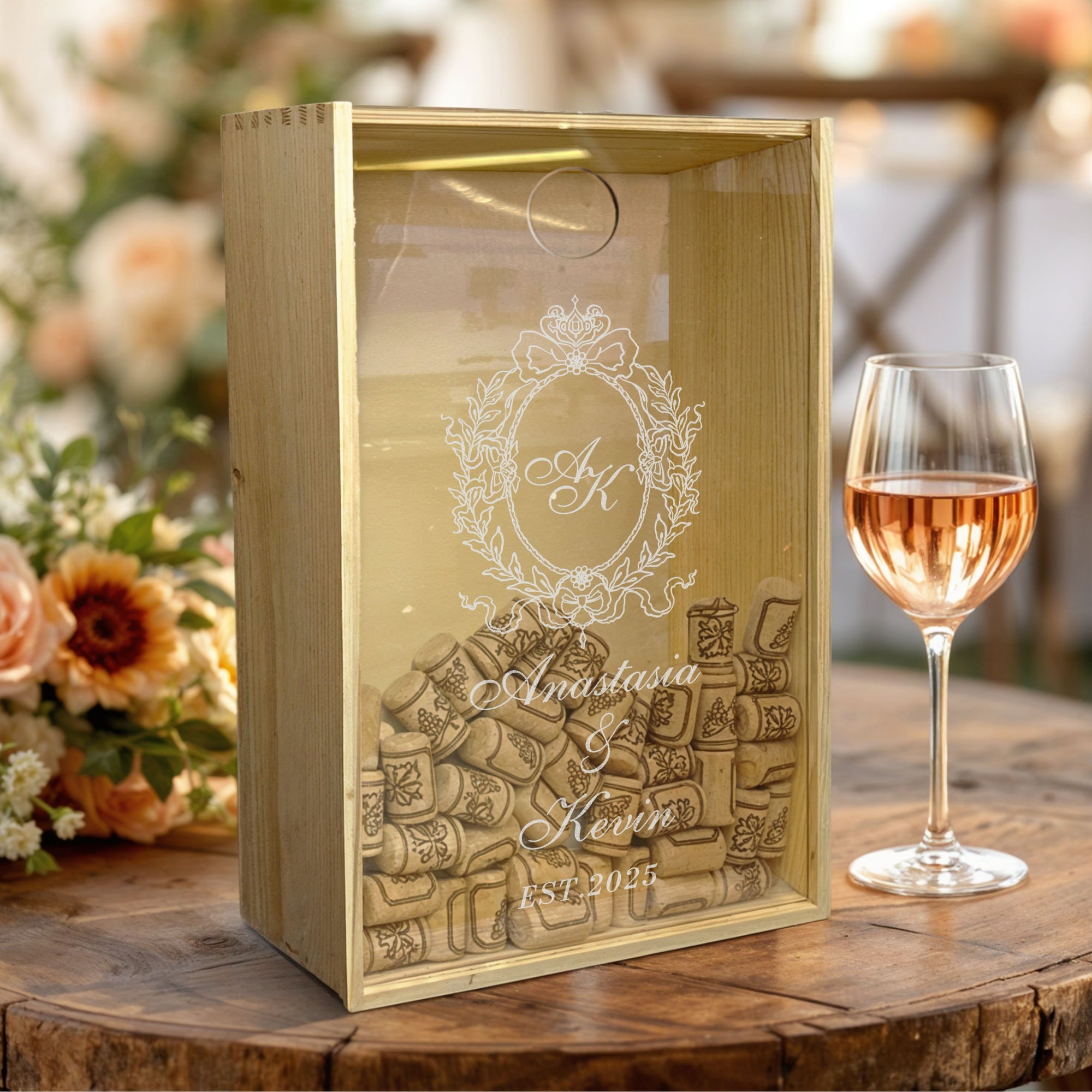 Personalised Wooden &amp; Acrylic Lid Cork Collection Storage/ Engraved Double Wine Bottle Holder Box, Custom Logo Wedding, Housewarming, Birthday, Retirement, Corporate Gift