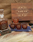 Personalised Wooden Boxed Flat Whiskey Decanter Set, 4 Scotch Glasses, 8 Ice Stones & Tongs | Custom Engraved Groomsmen, Wedding Bar Gift