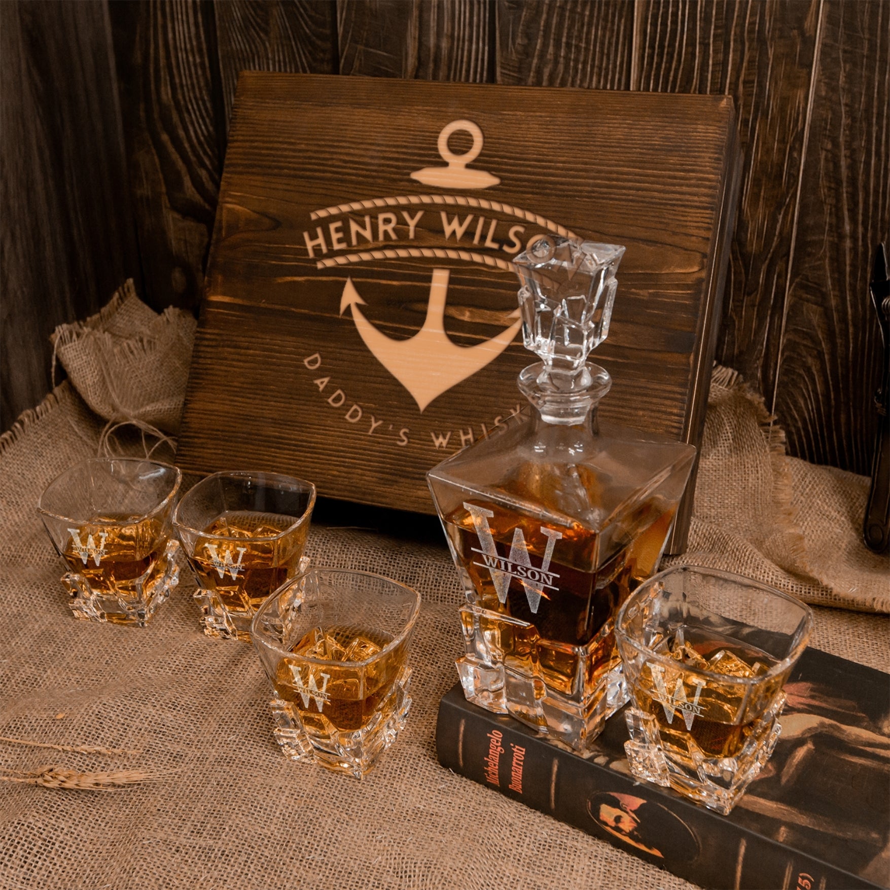 Personalised Wooden Box Square Cut Whiskey Decanter Set, 4 Scotch Glasses, 8 Ice Stones & Tongs | Custom Engraved Groomsmen Wedding Bar Gift