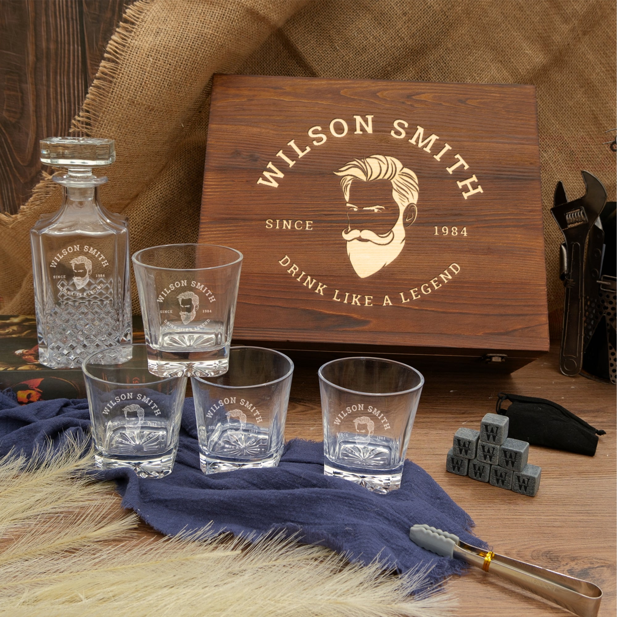 Personalised Wooden Boxed Diamond Whiskey Decanter Set, 4 Glasses, 8 Ice Stones &amp; Tongs | Custom Engraved Groomsmen, Wedding Whisky Bar Gift