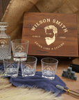 Personalised Wooden Boxed Diamond Whiskey Decanter Set, 4 Glasses, 8 Ice Stones & Tongs | Custom Engraved Groomsmen, Wedding Whisky Bar Gift