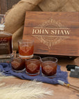Personalised Wooden Boxed Flat Whiskey Decanter Set, 4 Scotch Glasses, 8 Ice Stones & Tongs | Custom Engraved Groomsmen, Wedding Bar Gift