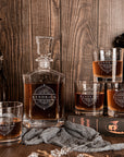 Personalised Wooden Boxed Flat Whiskey Decanter Set, 4 Scotch Glasses, 8 Ice Stones & Tongs | Custom Engraved Groomsmen, Wedding, Whisky Bar Gift