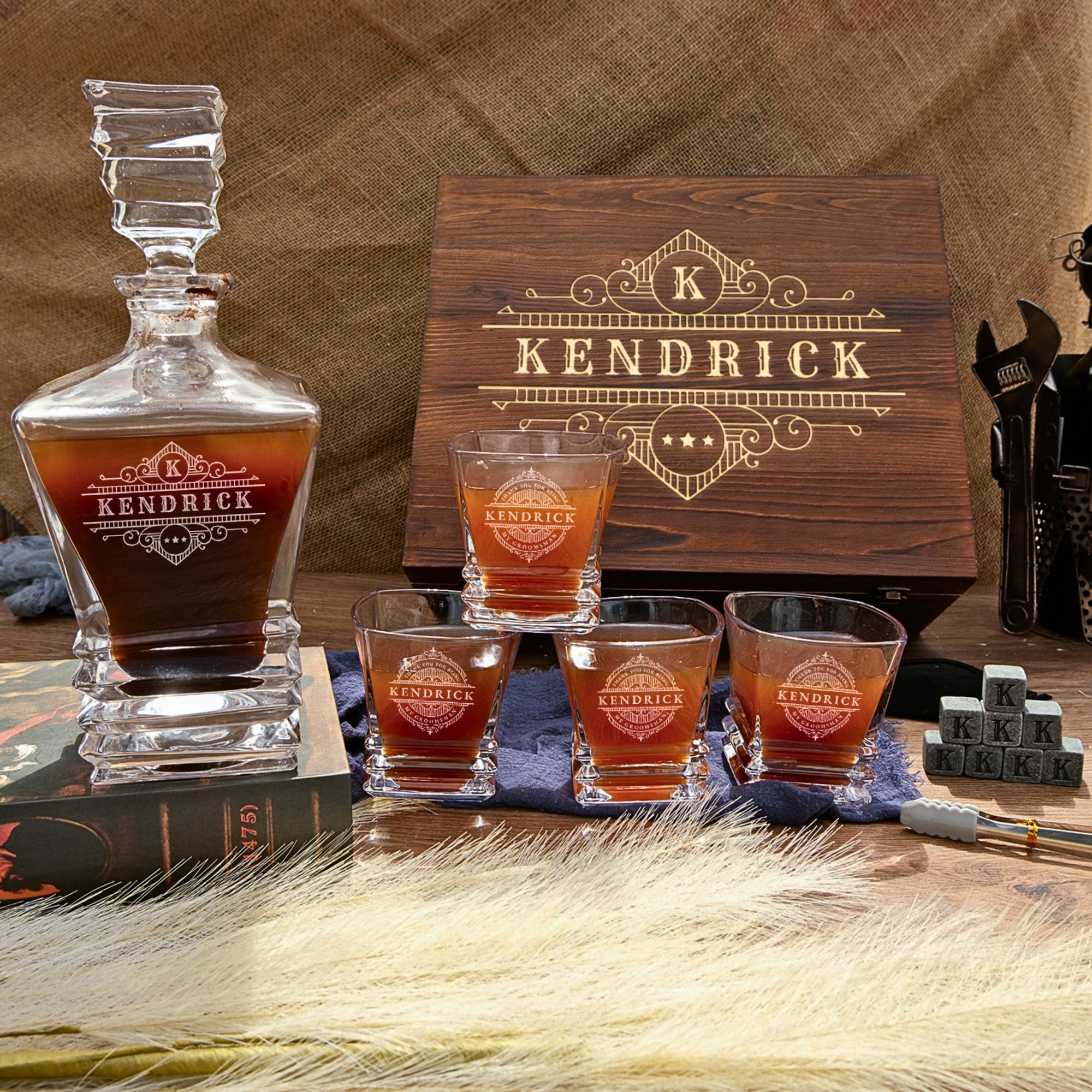 Personalised Wooden Boxed Prism Whiskey Decanter Set, 4 Scotch Glasses, 8 Ice Stones &amp; Tongs | Custom Engraved Groomsmen, Wedding, Whisky Bar Gift