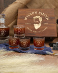 Personalised Wooden Boxed Round Whiskey Decanter Set, 4 Glasses, 8 Ice Stones & Tongs | Custom Engraved Groomsmen, Wedding, Whisky Bar Gift