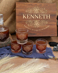 Personalised Wooden Boxed Round Whiskey Decanter Set, 4 Scotch Glasses, 8 Ice Stones & Tongs | Custom Engraved Groomsmen, Wedding, Whisky Bar Gift