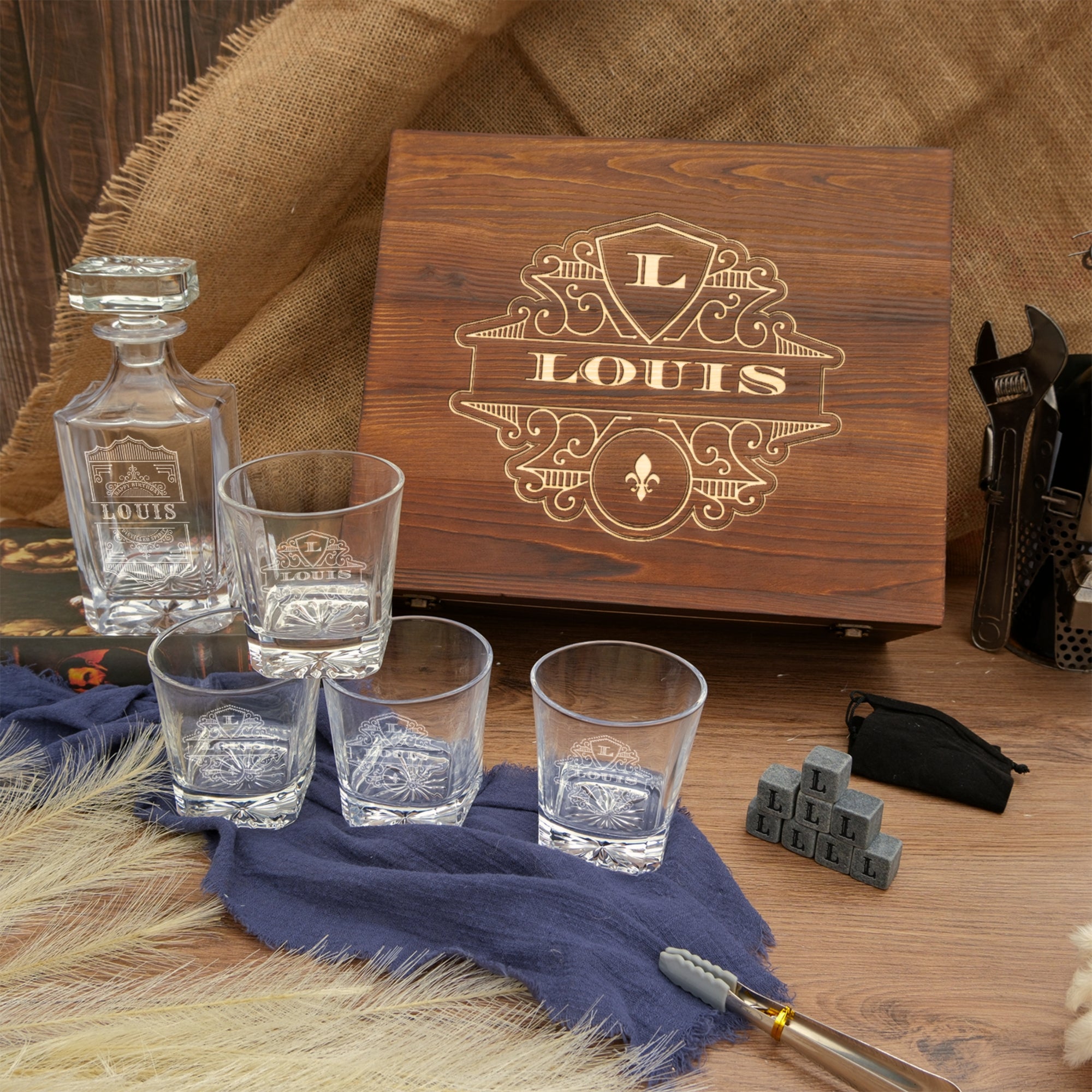 Personalised Wooden Boxed Star Base Whiskey Decanter Set, 4  Glasses, 8 Ice Stones &amp; Tongs | Custom Engraved Logo Groomsmen Wedding Bar Gift