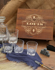 Personalised Wooden Boxed Star Base Whiskey Decanter Set, 4  Glasses, 8 Ice Stones & Tongs | Custom Engraved Logo Groomsmen Wedding Bar Gift