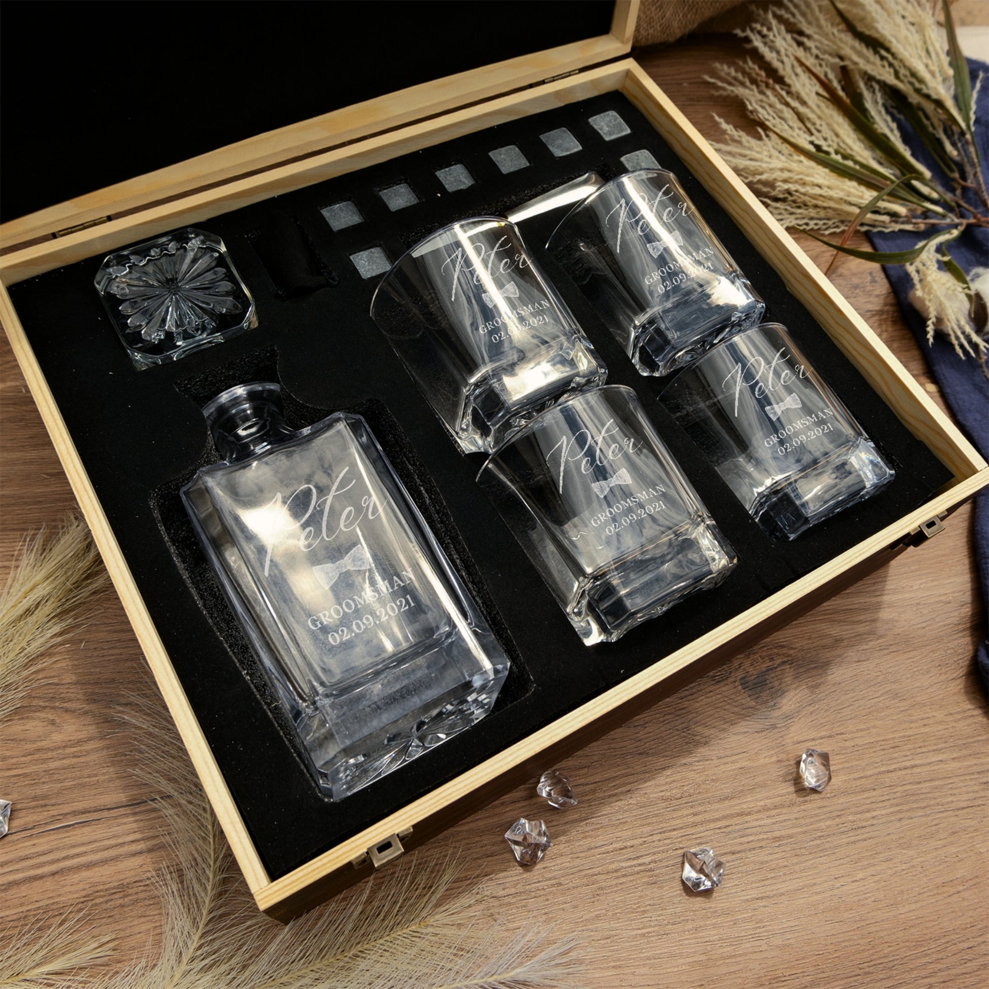 Personalised Wooden Boxed Star Base Whiskey Decanter Set, 4  Glasses, 8 Ice Stones &amp; Tongs | Custom Engraved Logo Groomsmen Wedding Bar Gift