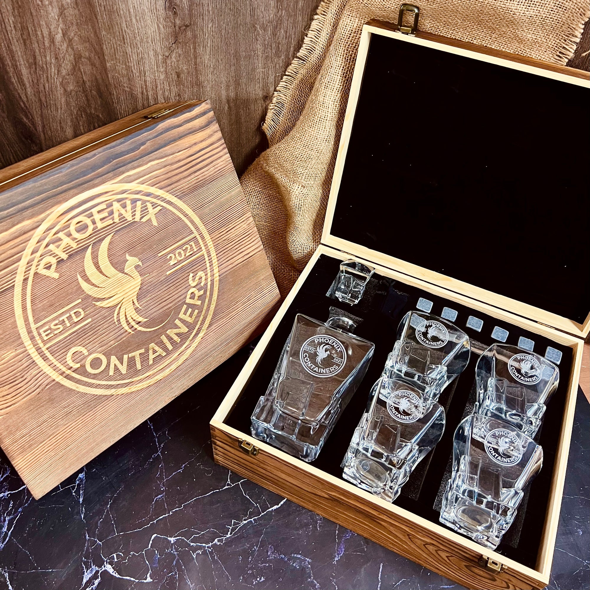 Personalised Wooden Boxed Whiskey Decanter Set, 4 Scotch Glasses, 6 Ice Stones & Tongs | Custom Engraved Groomsmen, Wedding, Whisky Bar Gift