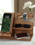 Personalised Wooden Docking Station, Custom Engraved Desk Valet, Nightstand Phone Watch Wallet Organiser, Dad, Groomsman, Housewarming Gift