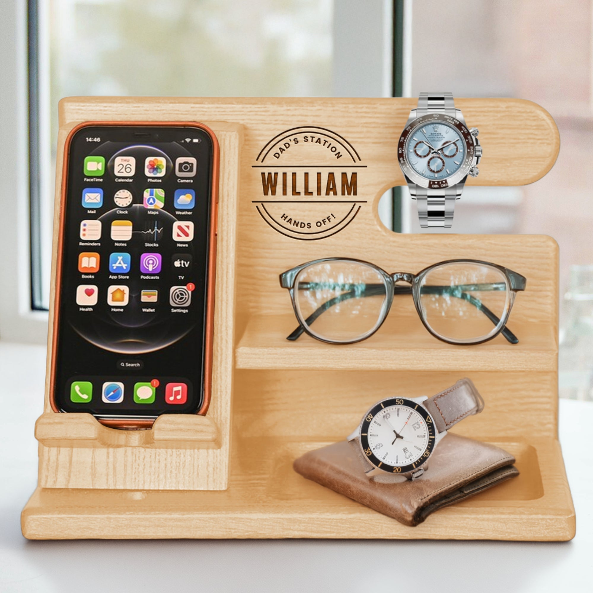 Personalised Wooden Docking Station, Custom Engraved Desk Valet, Nightstand Phone Watch Wallet Organiser, Dad, Groomsman, Housewarming Gift