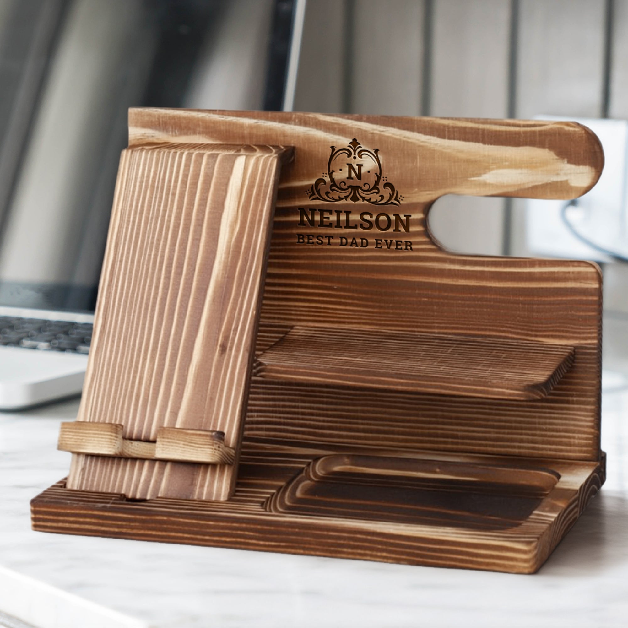 Personalised Wooden Docking Station, Custom Engraved Desk Valet, Nightstand Phone Watch Wallet Organiser, Dad, Groomsman, Housewarming Gift