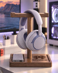 Personalised Wooden Headphone Stand & Storage Tray, Custom Engraved Name Desk Holder Home Decor Office Organisation, Gamer Dad Birthday Gift