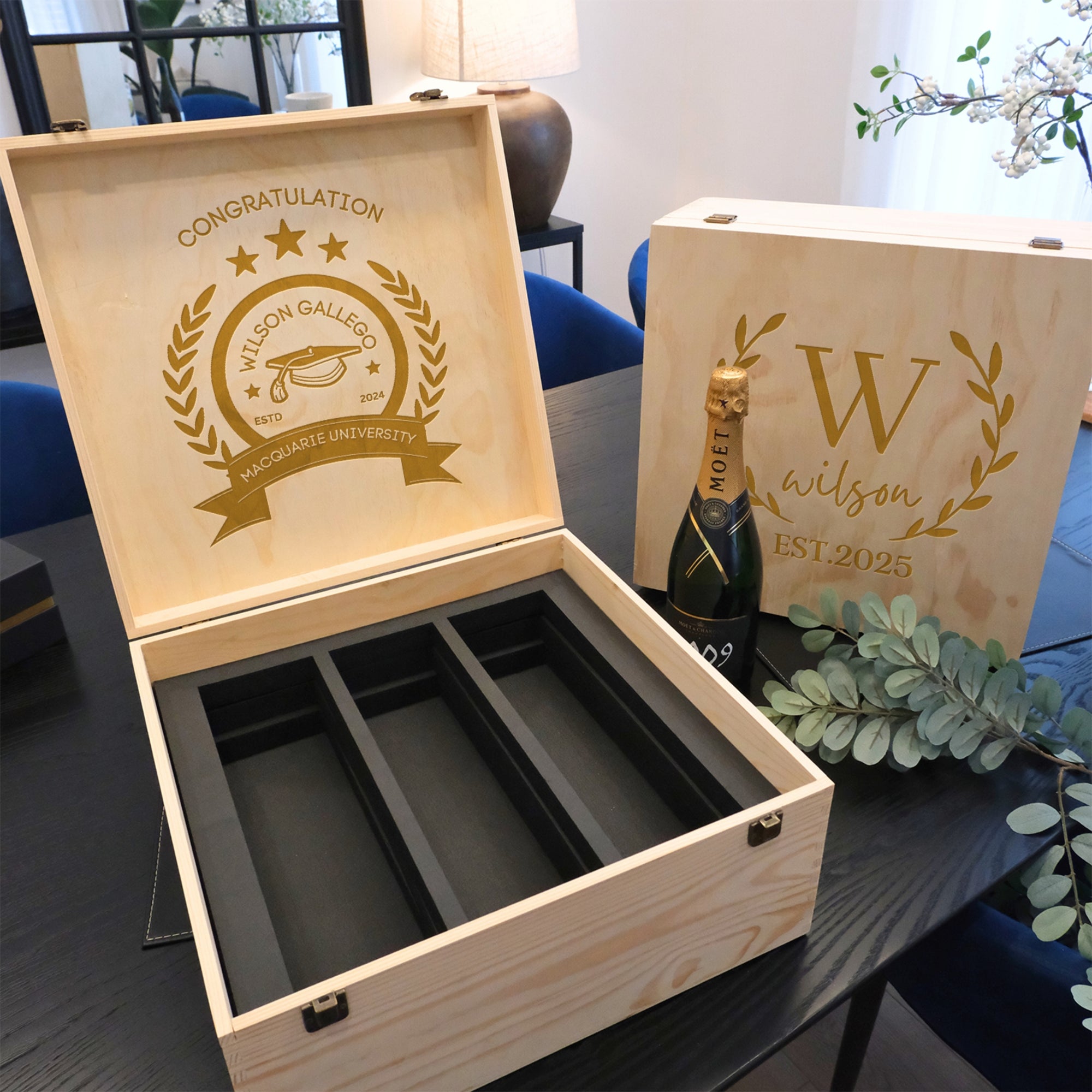 Personalised Pine Wooden Keepsake, Custom Engraved 3 Wine Bottles Storage, Wedding, Groomsman, Birthday Housewarming Logo Corporate Gift Box