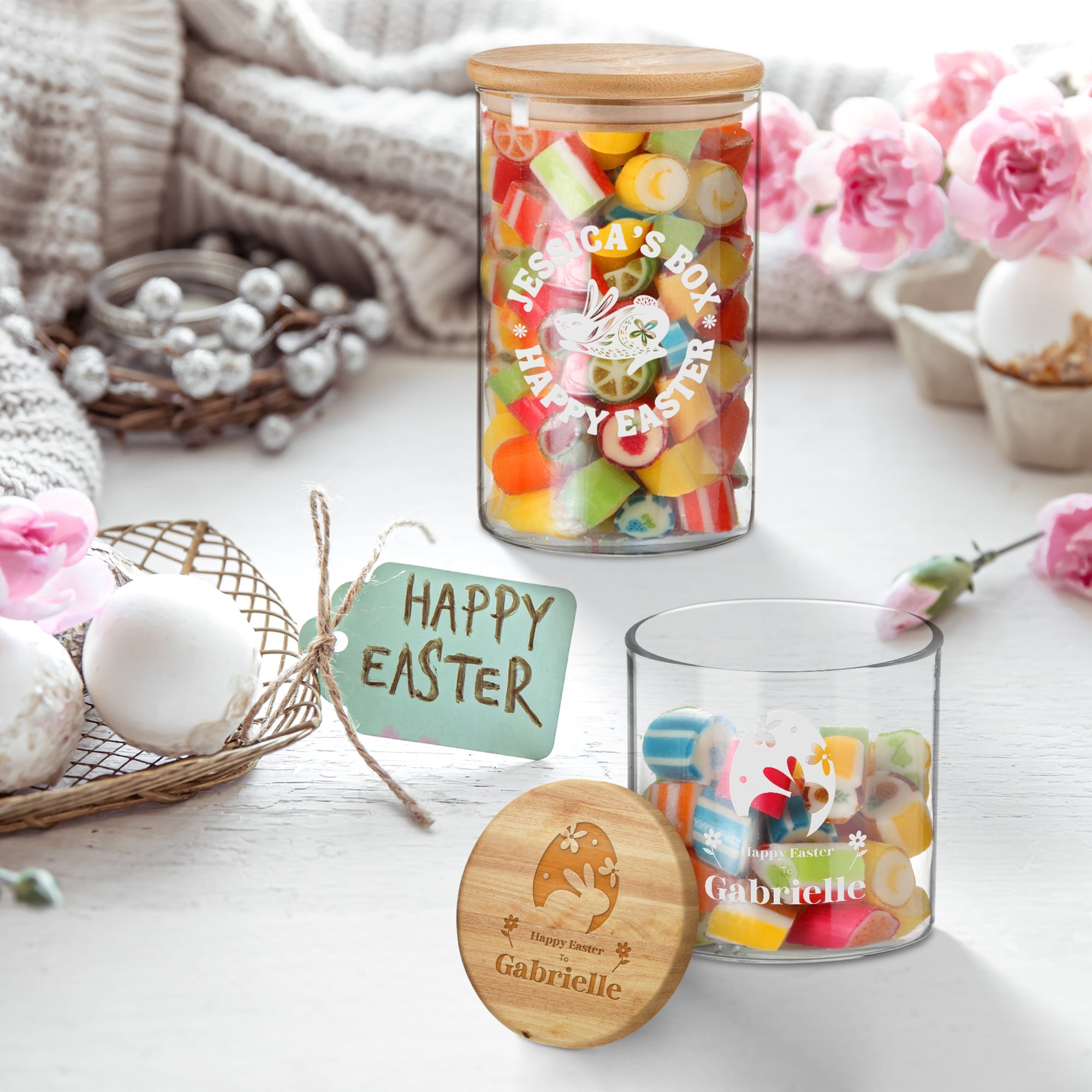Personalised Wooden Lid Glass Easter Treat Jar, Custom Etch Print Bunny Rabbit Egg Food Snack Storage, Cookie Lolly Jars, Kid, Teacher Gifts