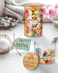 Personalised Wooden Lid Glass Easter Treat Jar, Custom Etch Print Bunny Rabbit Egg Food Snack Storage, Cookie Lolly Jars, Kid, Teacher Gifts