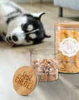 Personalised Wooden Lid Glass Pet Jar, Custom Etch Print Treat, Cat's Food Snack Canister, Jerky, Mussel Dog Chew Storage, Housewarming Gift