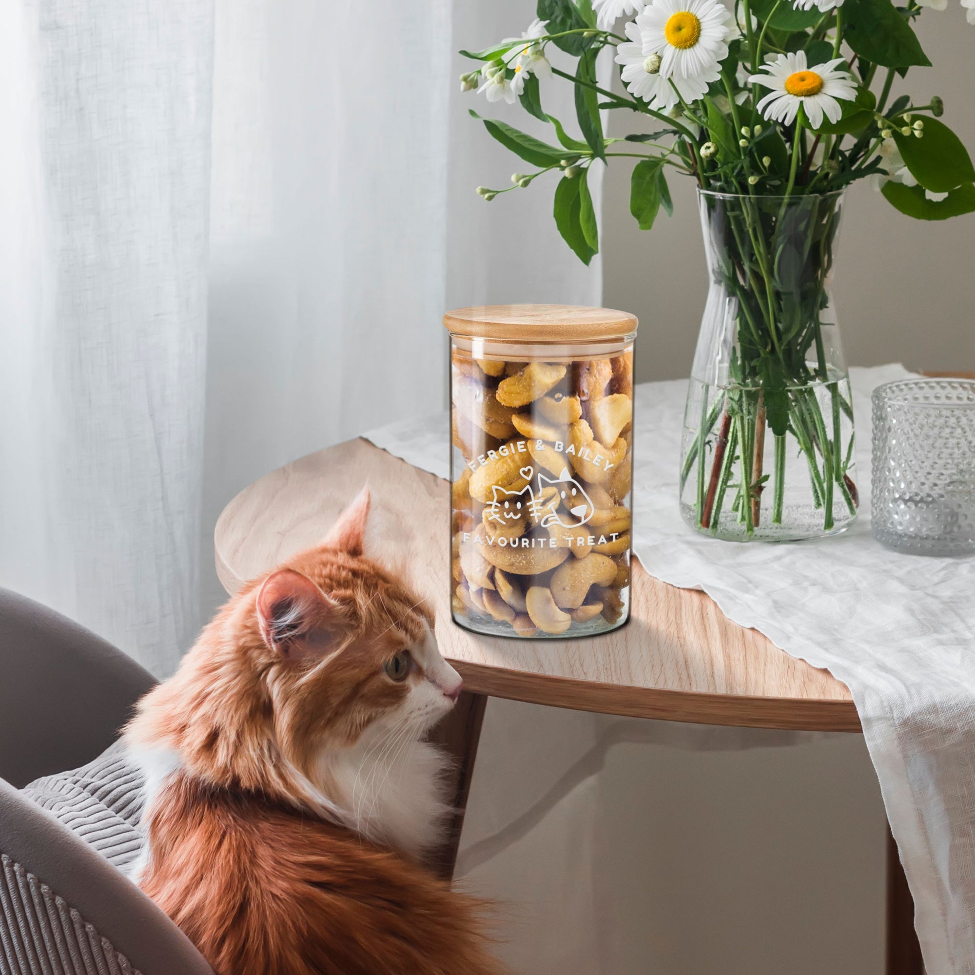 Personalised Wooden Lid Glass Pet Jar, Custom Etch Print Treat, Cat&#39;s Food Snack Canister, Jerky, Mussel Dog Chew Storage, Housewarming Gift