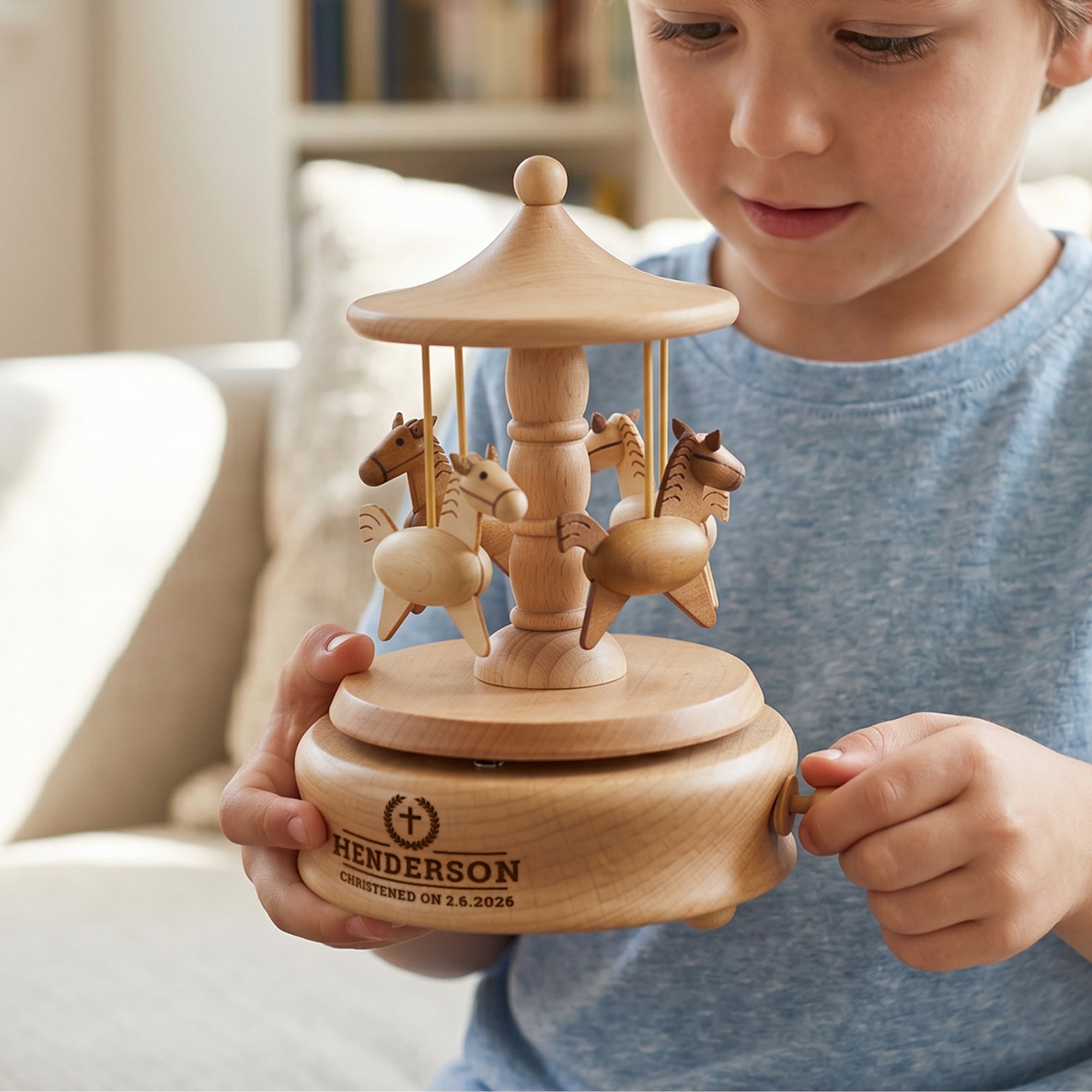 Personalised Wooden Music Carousel , Custom Etched Kid Toy, Nursery Decor Baby Shower Keepsake First Birthday Child Baptism Christening Gift