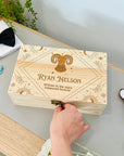 Personalised Zodiac Wooden Keepsake Box, Custom Engraved Celestial Sign Memory Treasure Storage, Wedding, Time Capsule, First Birthday Gift