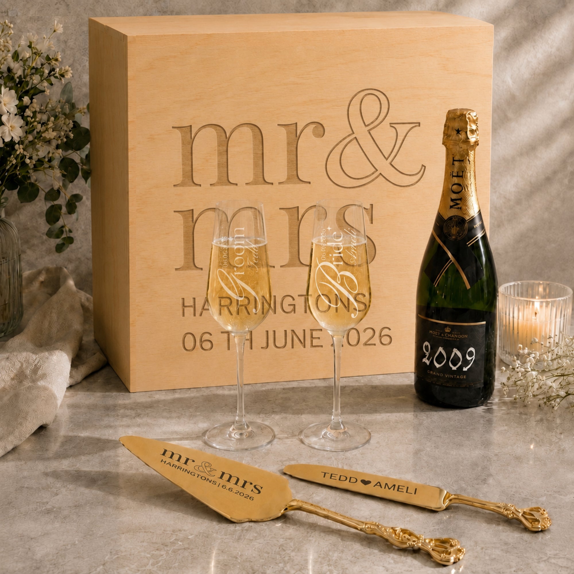 Personalised crystal champagne flutes engraved cake knife server and wooden gift box set