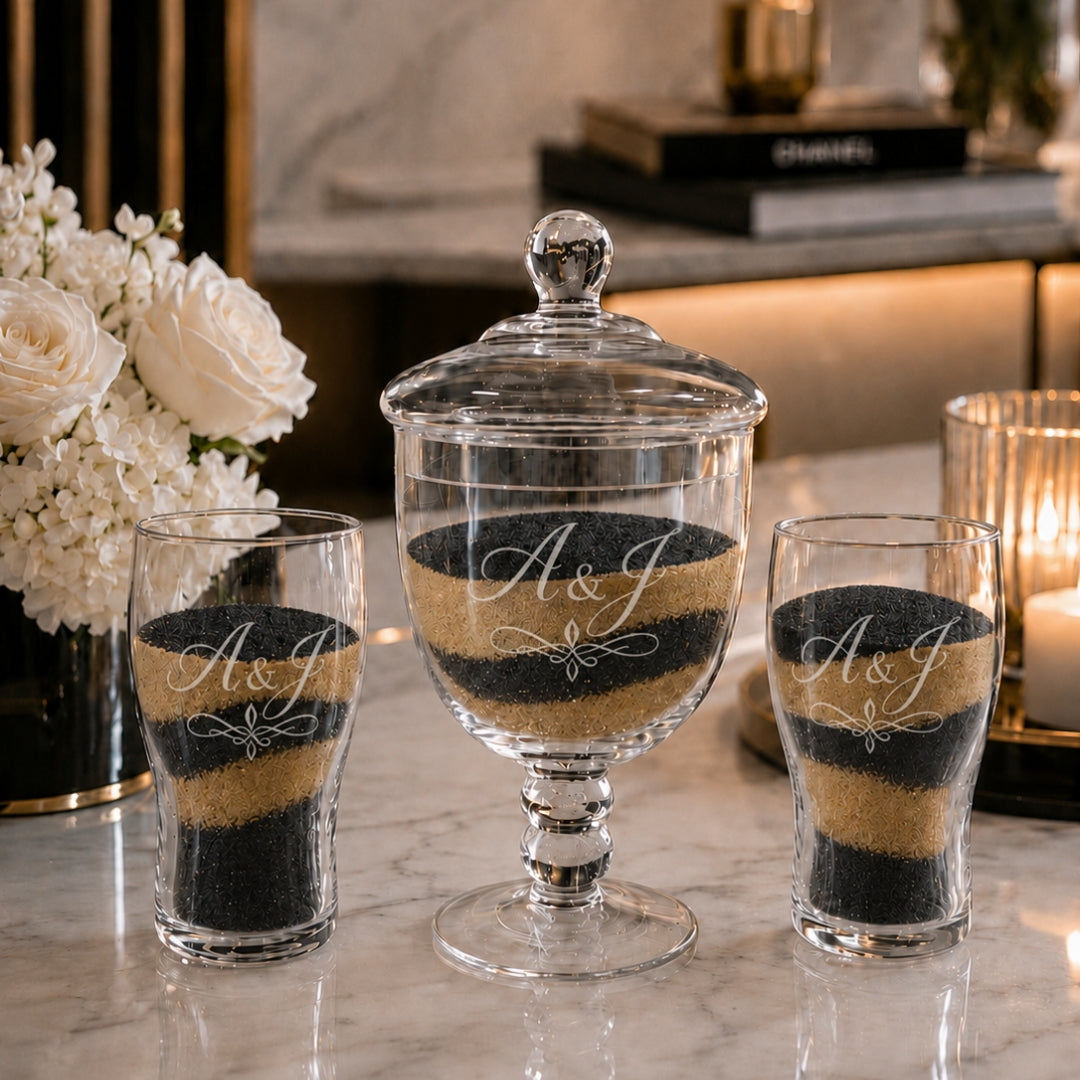 Personalised sand unity wedding ceremony footed pedestal glass urn and pouring glasses set custom engraved